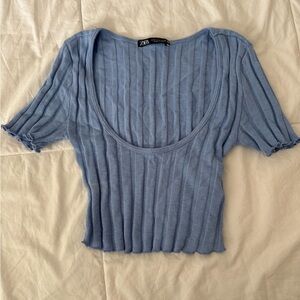 Zara Blue Ribbed Crop Blouse